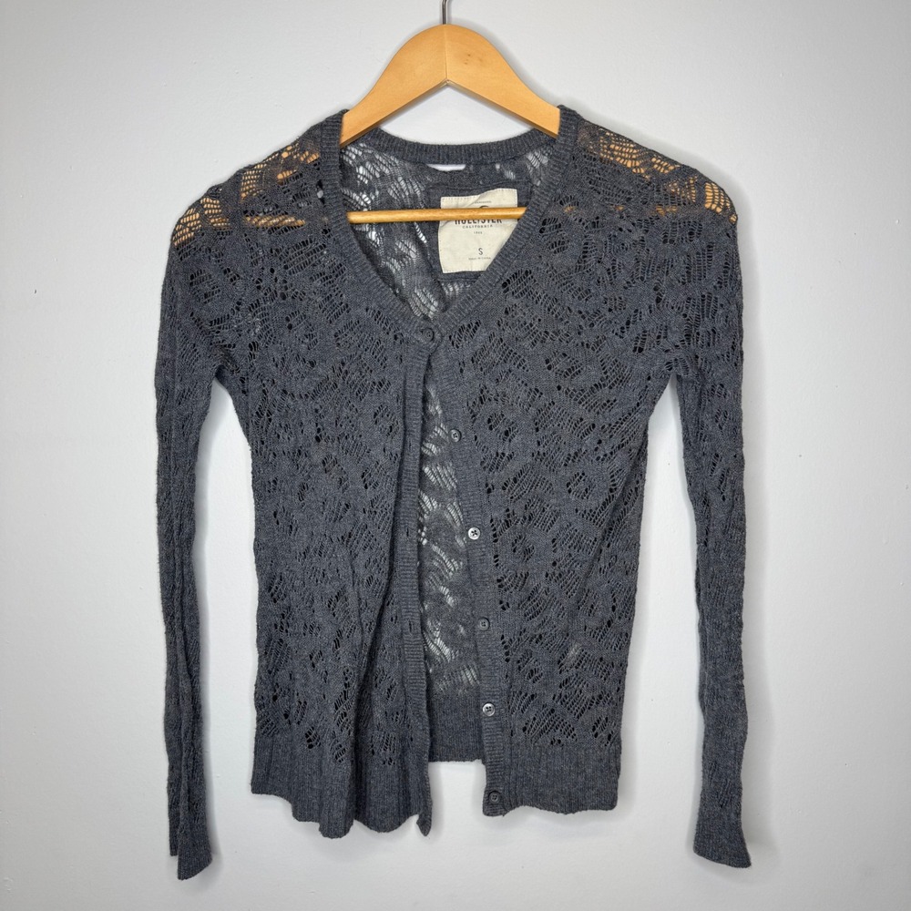 Hollister Gray Pointelle Knit Cardigan Sweater Y2K Small V-Neck Button Front